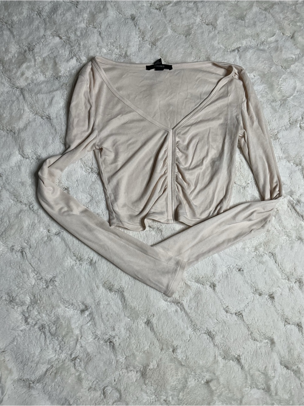 Forever 21 Cream Long-Sleeve Ruched V-Neck Crop Top